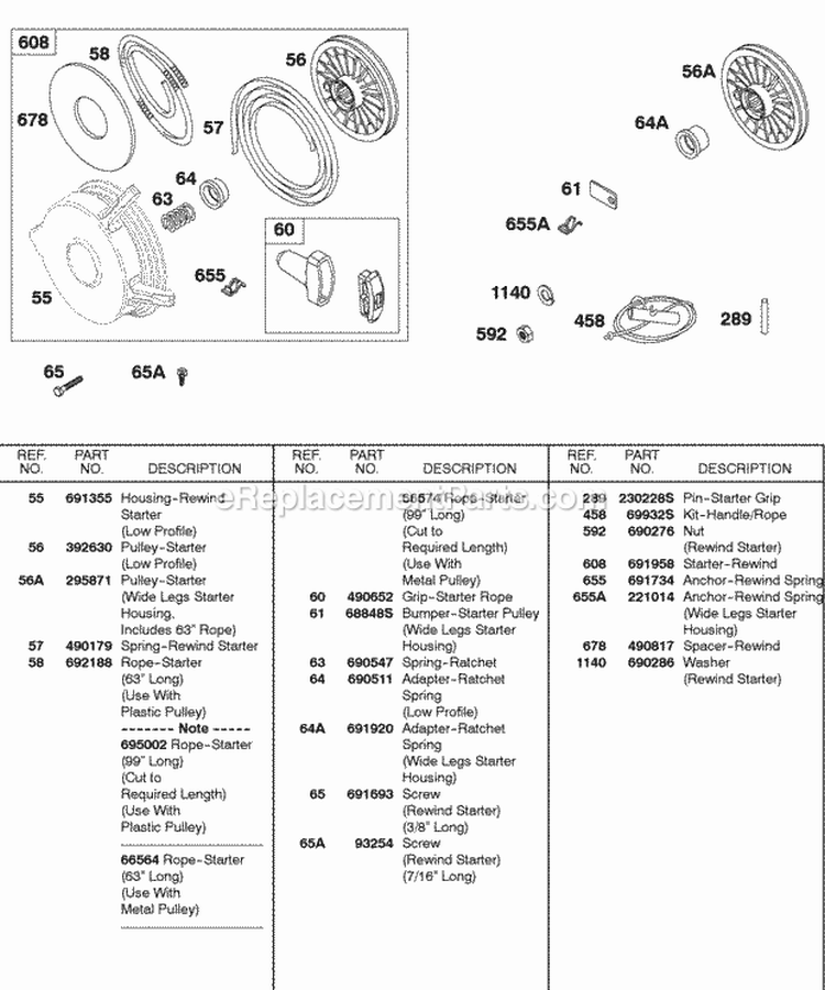 Rewind Starter Rope Diagram and Parts List for 326431-0129-99  Briggs and Stratton Engine